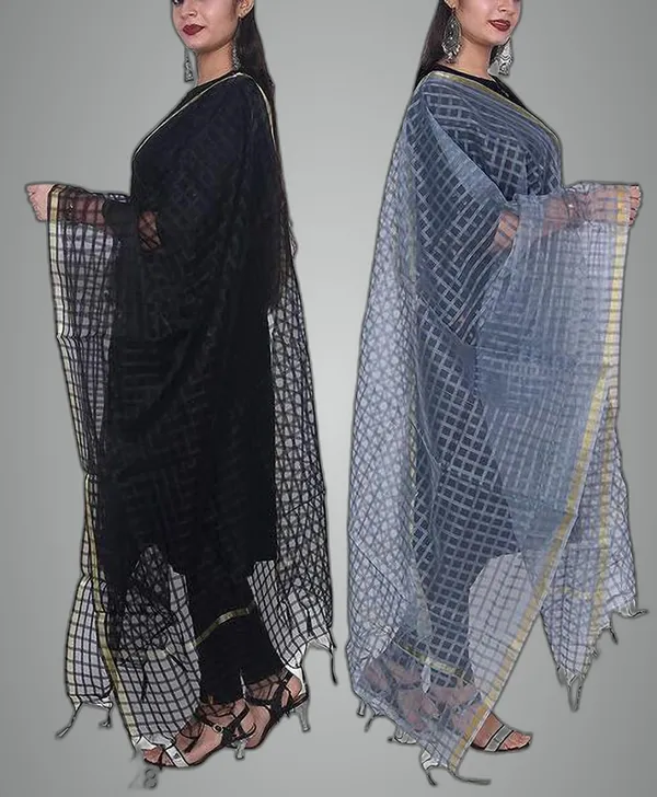 Grey_&_Black_Net_Checke_Dupatta_For_Women