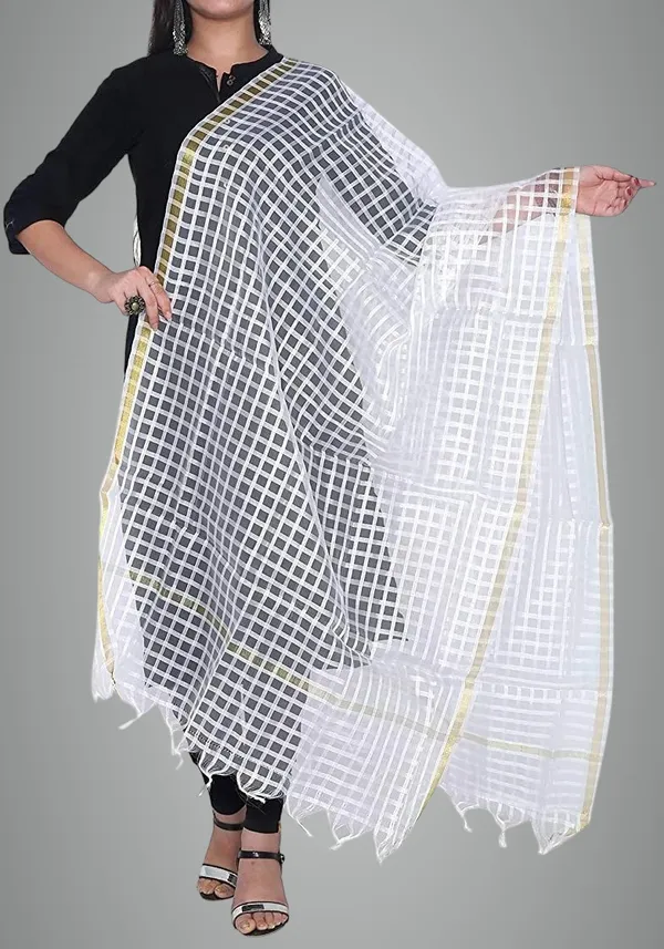 White_Net_Checke_Dupatta_For_Women