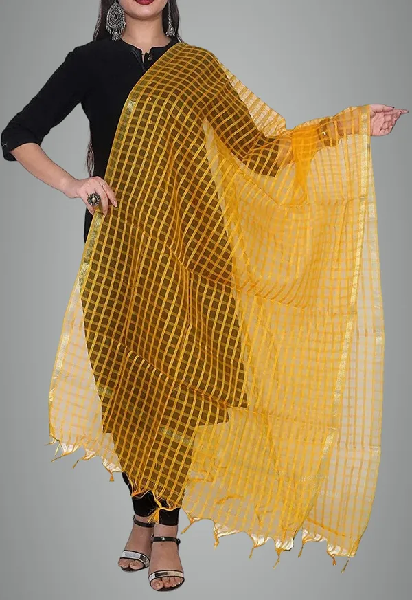 Yellow_Net_Checke_Dupatta_For_Women