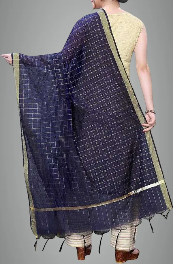 Navy_Blue_Silk_Blend_Checke_Dupatta_For_Women