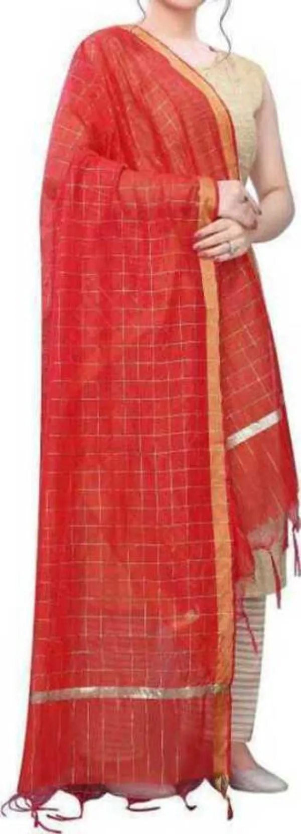 Red_Silk_Blend_Checked_Dupatta_For_Women