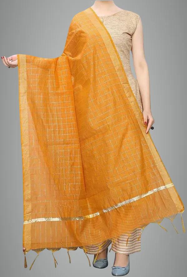 Yellow_Silk_Blend_Checke_Dupatta_For_Women