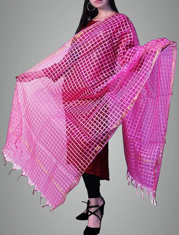 Pink_Net_Checke_Dupatta_For_Women