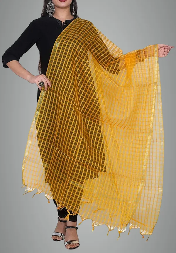 Yellow_Net_Checke_Dupatta_For_Women