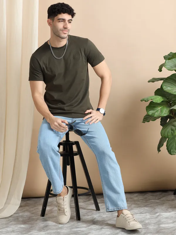 Olive_Green_Cotton_Regular_T-Shirt_For_Men