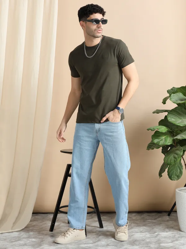 Olive_Green_Cotton_Regular_T-Shirt_For_Men