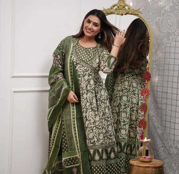 Green_Cotton_Printed_Kurta_With_Pant_And_Dupatta_Set_|_For_Women