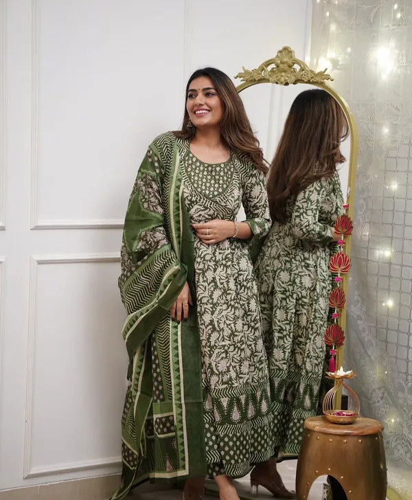 Green_Cotton_Printed_Kurta_With_Pant_And_Dupatta_Set_|_For_Women