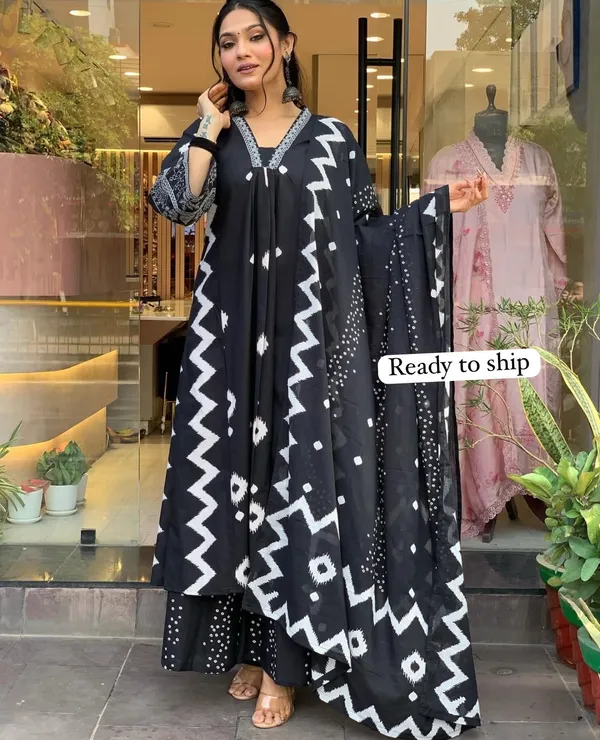 Black_&_White_Printed_Kurta_With_Pant_And_Dupatta_Set_|_For_Women