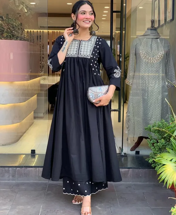 Black_Mirror_Work_Cotton_Blend_Anarkali_Kurta_with_Pant_Set_|_For_Women