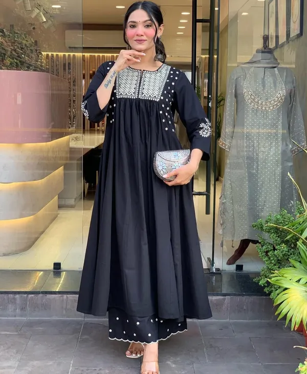 Black_Mirror_Work_Cotton_Blend_Anarkali_Kurta_with_Pant_Set_|_For_Women