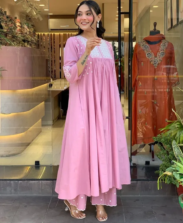 Blush_Pink_Mirror_Work_Cotton_Anarkali_Kurta_with_Pant_Set_|_For_Women