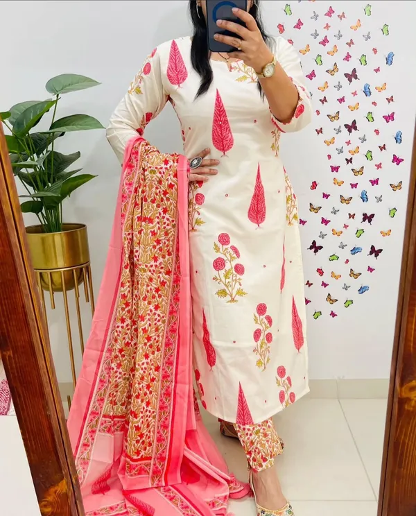 Off_White_Cotton_Printed_Kurta_With_Pant_And_Dupatta_Set_|_For_Women