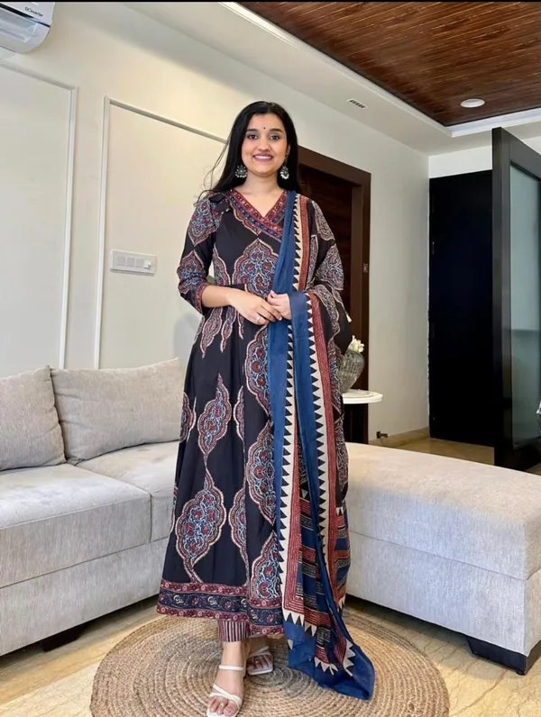 Black_Printed_Anarkali_Kurta_With_Pant_And_Dupatta_Set_|_For_Women