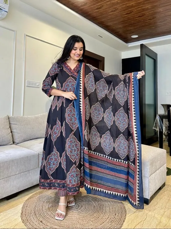 Black_Printed_Anarkali_Kurta_With_Pant_And_Dupatta_Set_|_For_Women