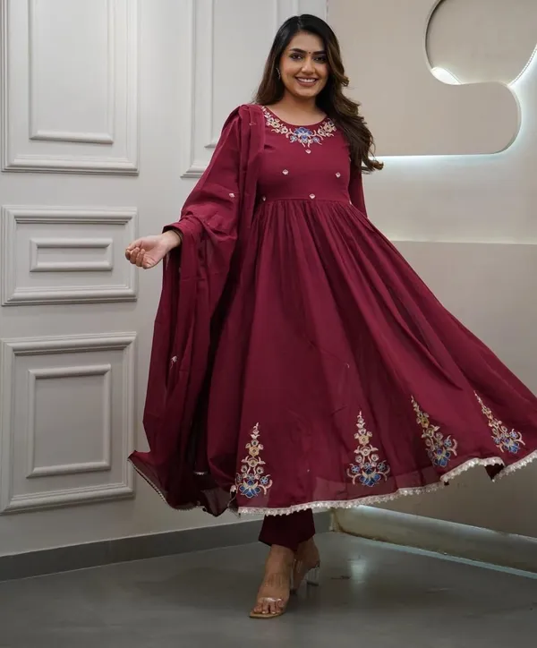 Maroon_Embroidered_Anarkali_Kurta_With_Pant_And_Dupatta_Set_|_For_Women