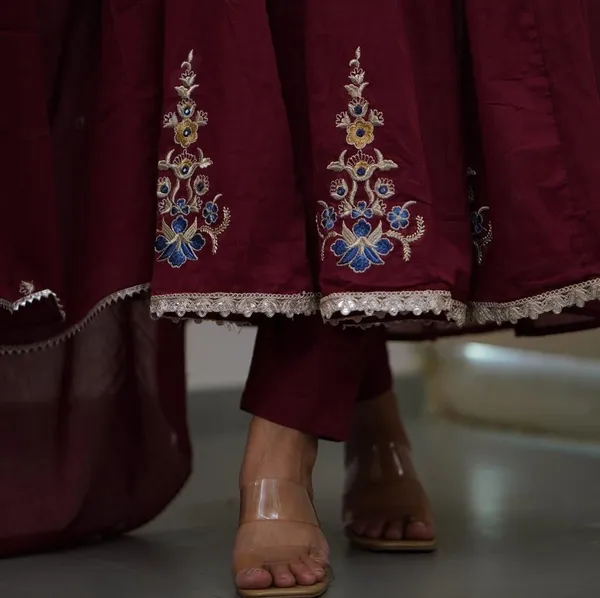 Maroon_Embroidered_Anarkali_Kurta_With_Pant_And_Dupatta_Set_|_For_Women