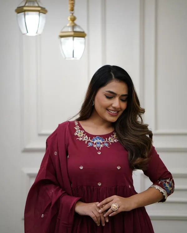 Maroon_Embroidered_Anarkali_Kurta_With_Pant_And_Dupatta_Set_|_For_Women