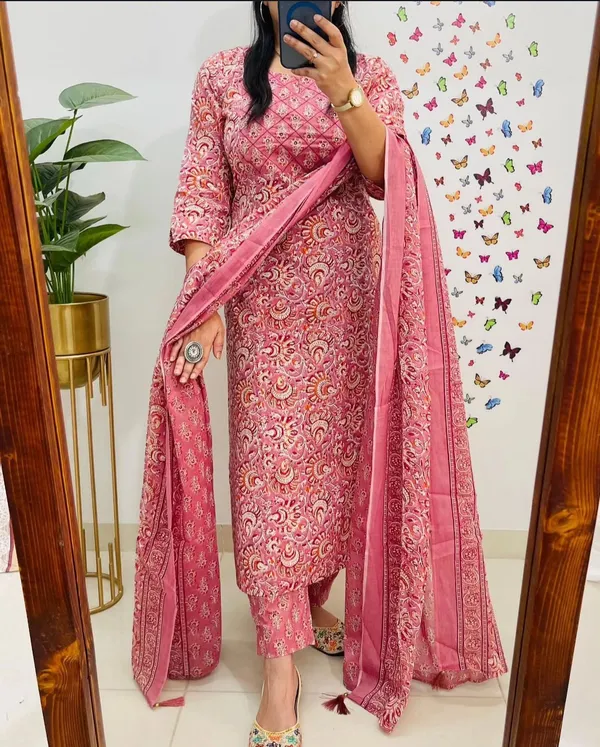 Pink_Printed_Cotton_Kurta_With_Pant_And_Dupatta_Set_|_For_Women