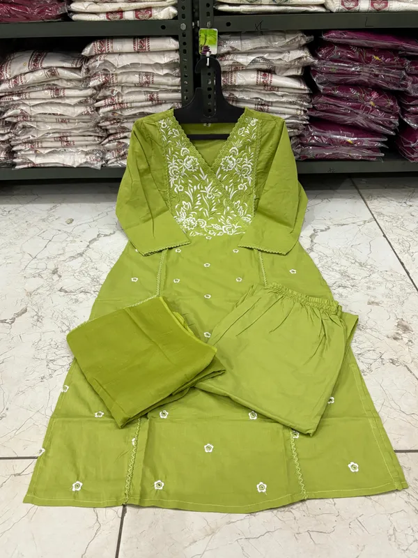Green_Embroidered_Cotton_Kurta_With_Pant_And_Dupatta_Set_|_For_Women