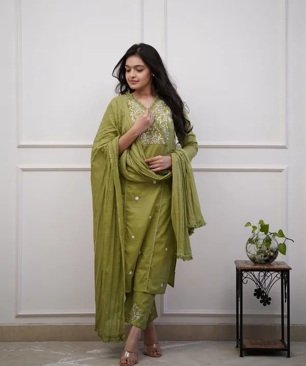 Green_Embroidered_Cotton_Kurta_With_Pant_And_Dupatta_Set_|_For_Women