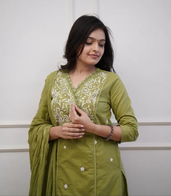 Green_Embroidered_Cotton_Kurta_With_Pant_And_Dupatta_Set_|_For_Women
