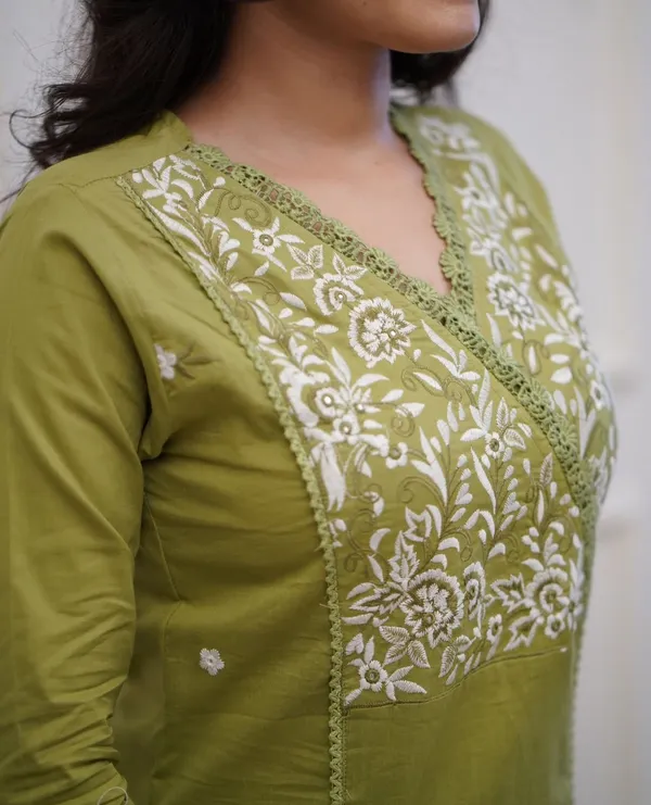 Green_Embroidered_Cotton_Kurta_With_Pant_And_Dupatta_Set_|_For_Women