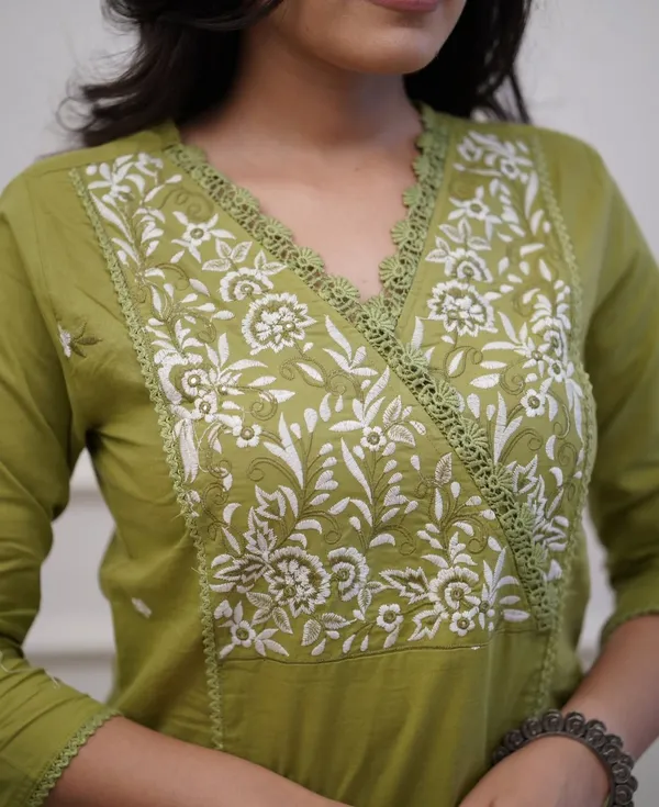 Green_Embroidered_Cotton_Kurta_With_Pant_And_Dupatta_Set_|_For_Women