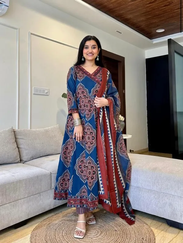 Indigo_Printed_Anarkali_Kurta_With_Pant_And_Dupatta_Set_|_For_Women