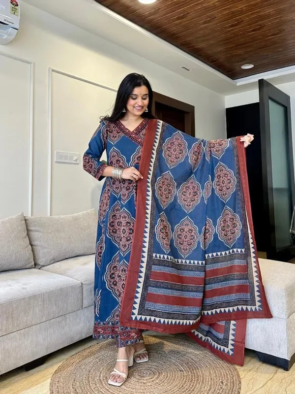 Indigo_Printed_Anarkali_Kurta_With_Pant_And_Dupatta_Set_|_For_Women