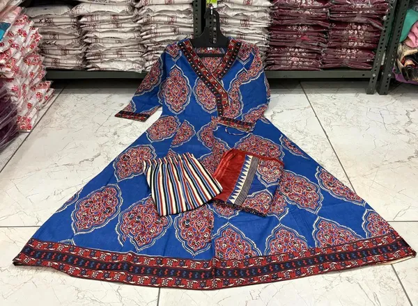 Indigo_Printed_Anarkali_Kurta_With_Pant_And_Dupatta_Set_|_For_Women