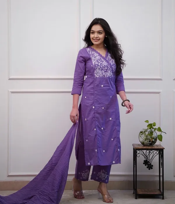Lavender_Embroidered_Cotton_Kurta_With_Pant_And_Dupatta_Set_|_For_Women