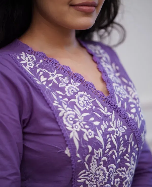 Lavender_Embroidered_Cotton_Kurta_With_Pant_And_Dupatta_Set_|_For_Women