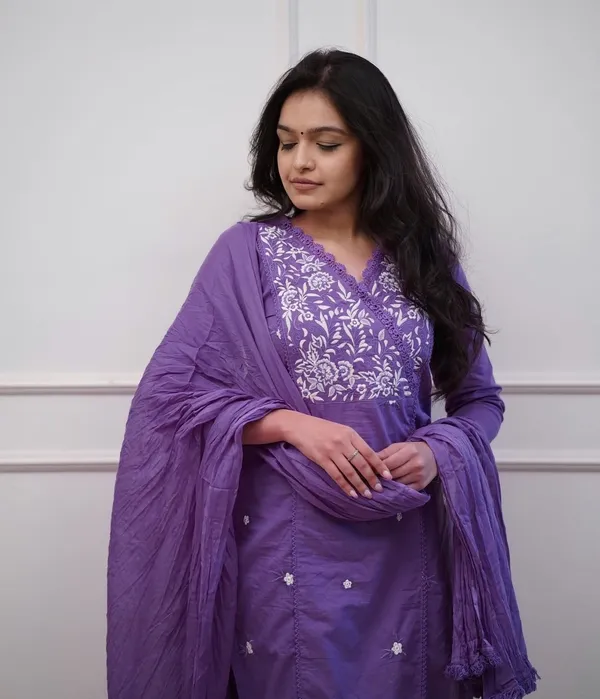 Lavender_Embroidered_Cotton_Kurta_With_Pant_And_Dupatta_Set_|_For_Women