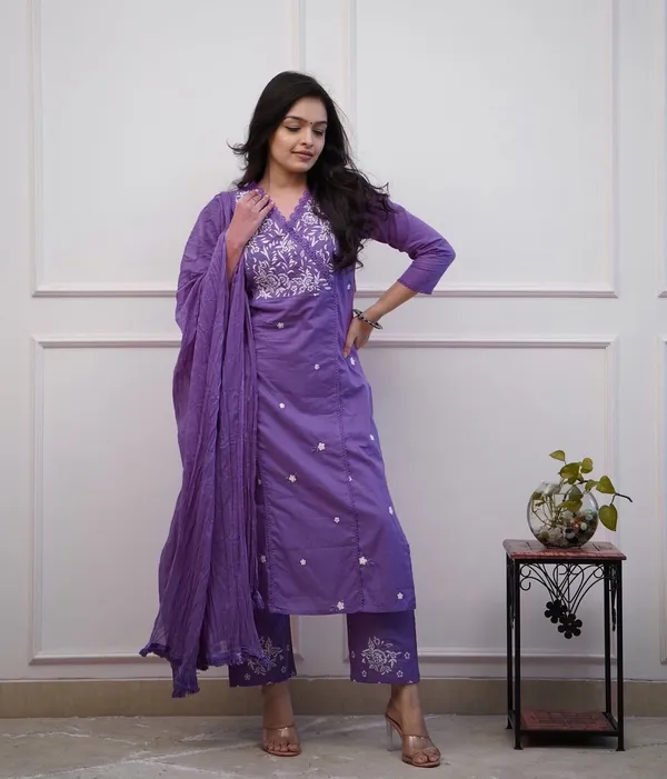 Lavender_Embroidered_Cotton_Kurta_With_Pant_And_Dupatta_Set_|_For_Women