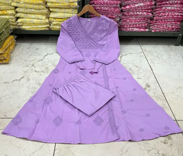 Lavender_Embroidered_Cotton_Blend_Kurta_with_Pant_Set_|_For_Women
