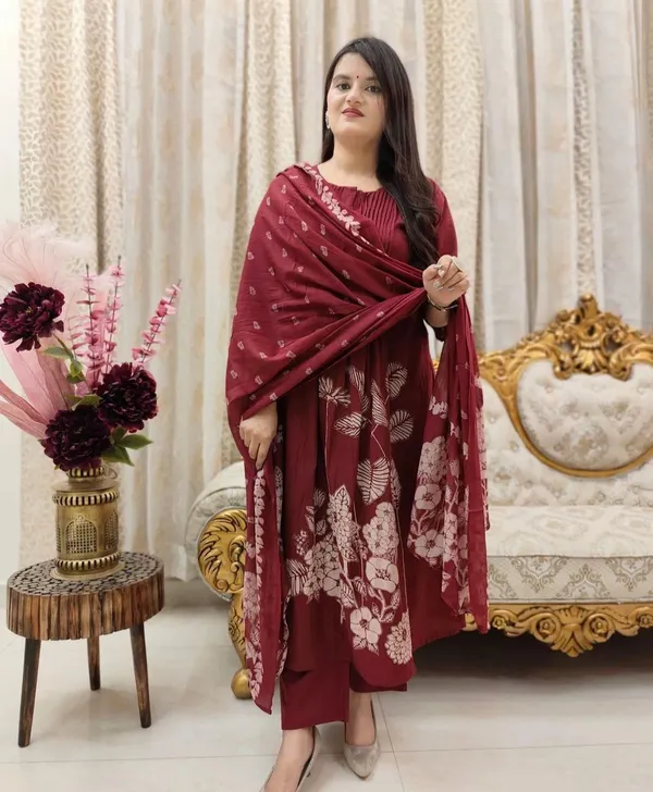 Maroon_Printed_Kurta_With_Pant_And_Dupatta_Set_|_For_Women