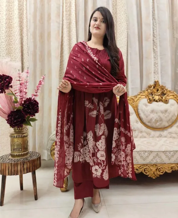 Maroon_Printed_Kurta_With_Pant_And_Dupatta_Set_|_For_Women