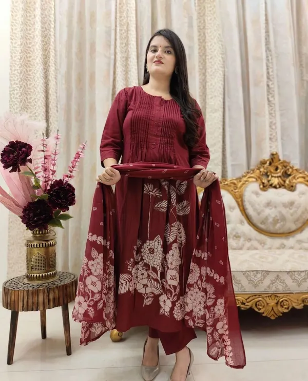 Maroon_Printed_Kurta_With_Pant_And_Dupatta_Set_|_For_Women
