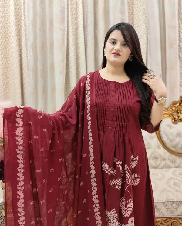 Maroon_Printed_Kurta_With_Pant_And_Dupatta_Set_|_For_Women