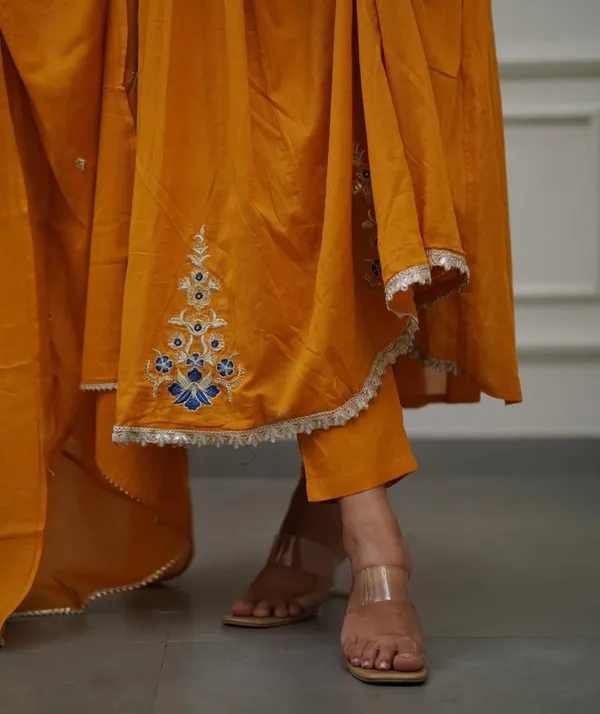 Mustard_Embroidered_Anarkali_Kurta_With_Pant_And_Dupatta_Set_|_For_Women