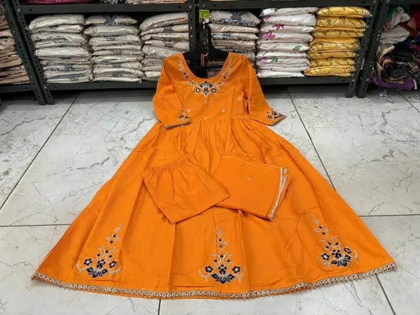 Mustard_Embroidered_Anarkali_Kurta_With_Pant_And_Dupatta_Set_|_For_Women