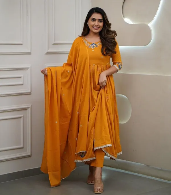 Mustard_Embroidered_Anarkali_Kurta_With_Pant_And_Dupatta_Set_|_For_Women