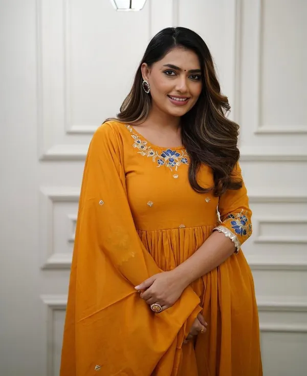 Mustard_Embroidered_Anarkali_Kurta_With_Pant_And_Dupatta_Set_|_For_Women
