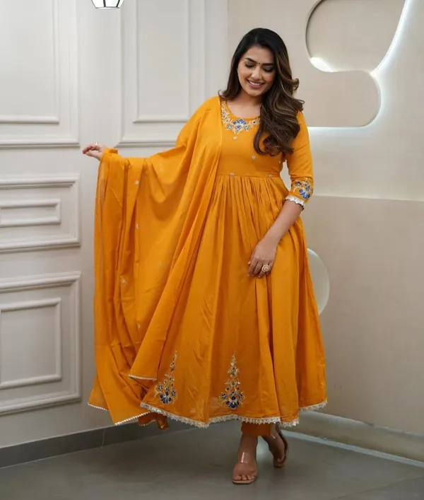 Mustard_Embroidered_Anarkali_Kurta_With_Pant_And_Dupatta_Set_|_For_Women