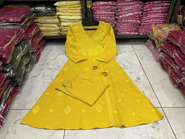 Mustard_Yellow_Embroidered_Cotton_Blend_Kurta_with_Pant_Set_|_For_Women