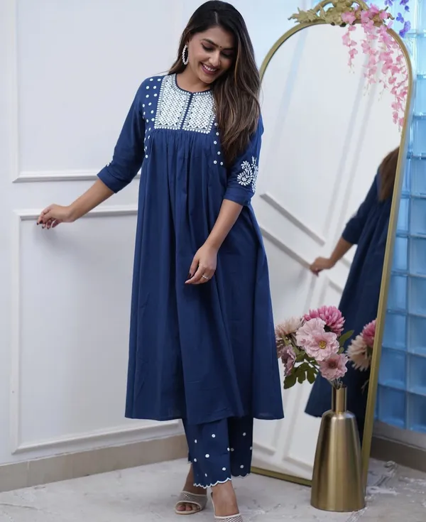 Navy_Blue_Mirror_Work_Cotton_Anarkali_Kurta_with_Pant_Set_|_For_Women