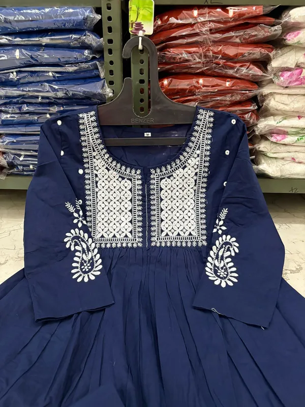 Navy_Blue_Mirror_Work_Cotton_Anarkali_Kurta_with_Pant_Set_|_For_Women