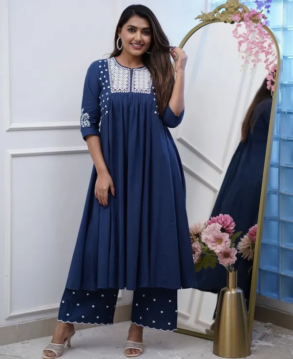 Navy_Blue_Mirror_Work_Cotton_Anarkali_Kurta_with_Pant_Set_|_For_Women