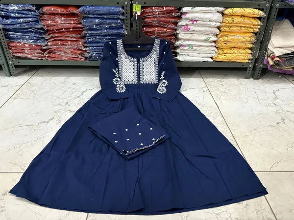 Navy_Blue_Mirror_Work_Cotton_Anarkali_Kurta_with_Pant_Set_|_For_Women